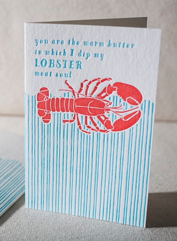 Lobster Letterpress Greeting Card - Bamboo paper, patterned envelope. C4-H15T