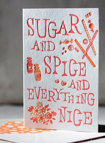 SALE - Letterpress Greeting Card - Sugar & Spice, Bamboo paper, patterned envelope, C4-H9T