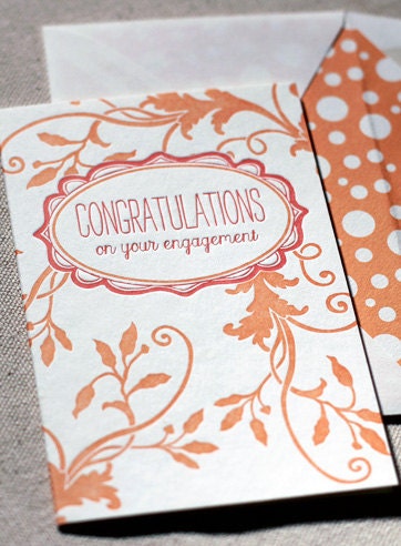 Letterpress Greeting Card - Flourish Engagement, Bamboo paper, patterned envelope, C4-H6T