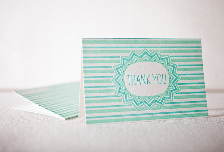 Letterpress Thank You Cards - Vert. Bamboo paper, patterned envelopes, set of 6 cards. 4-N07T