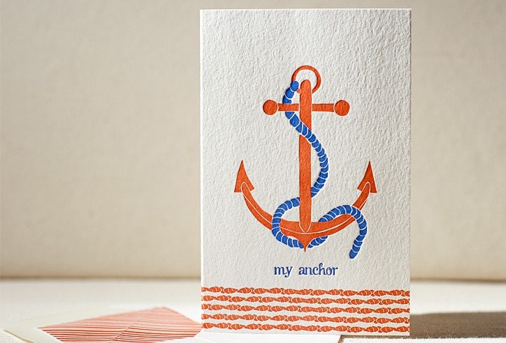 Anchor Love Letterpress Greeting Card - Bamboo paper, patterned envelope, anchor. C4-C24T