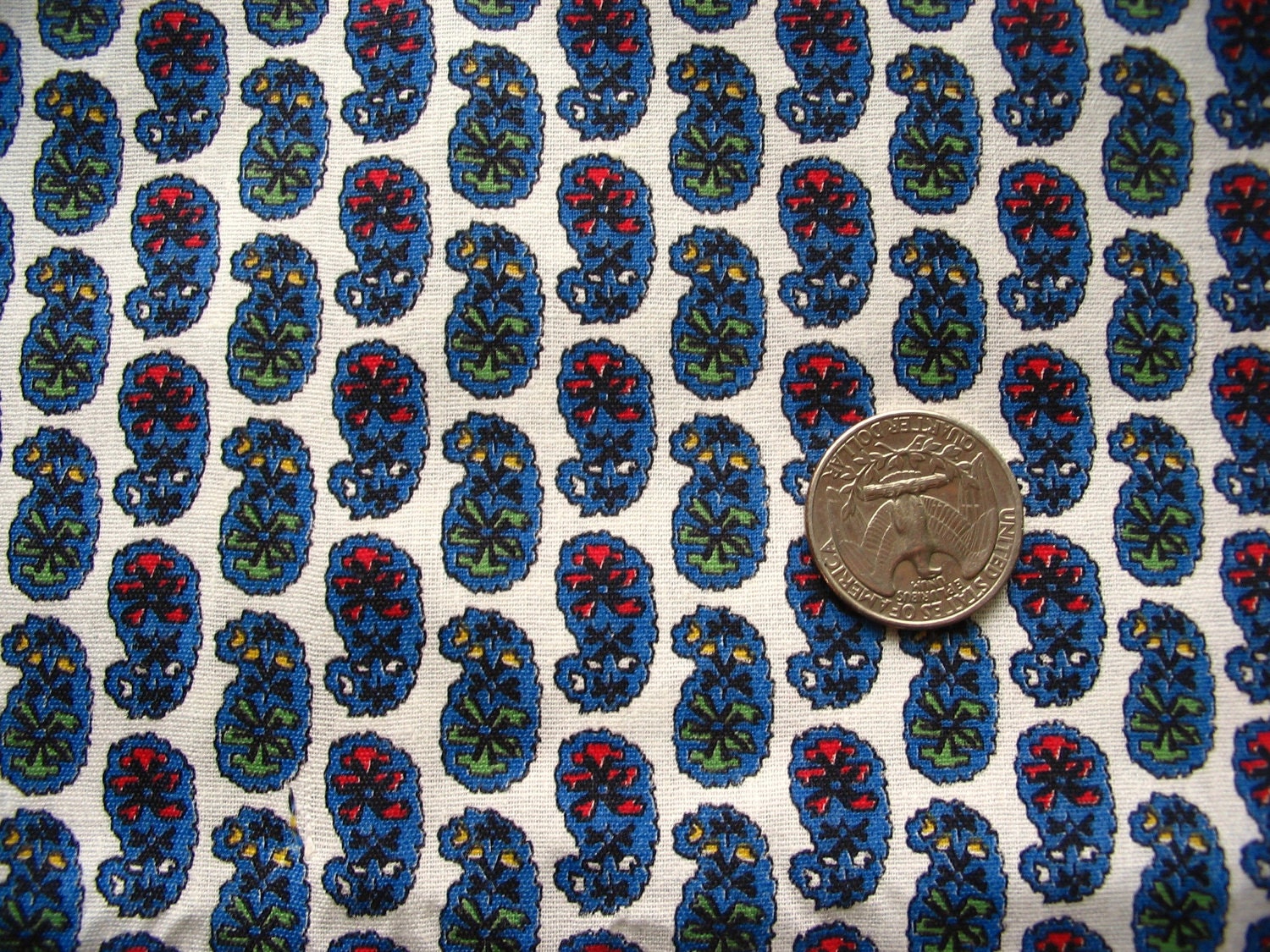 red, green and yellow on blue paisley print vintage cotton fabric -- 35 wide by 4 yards plus