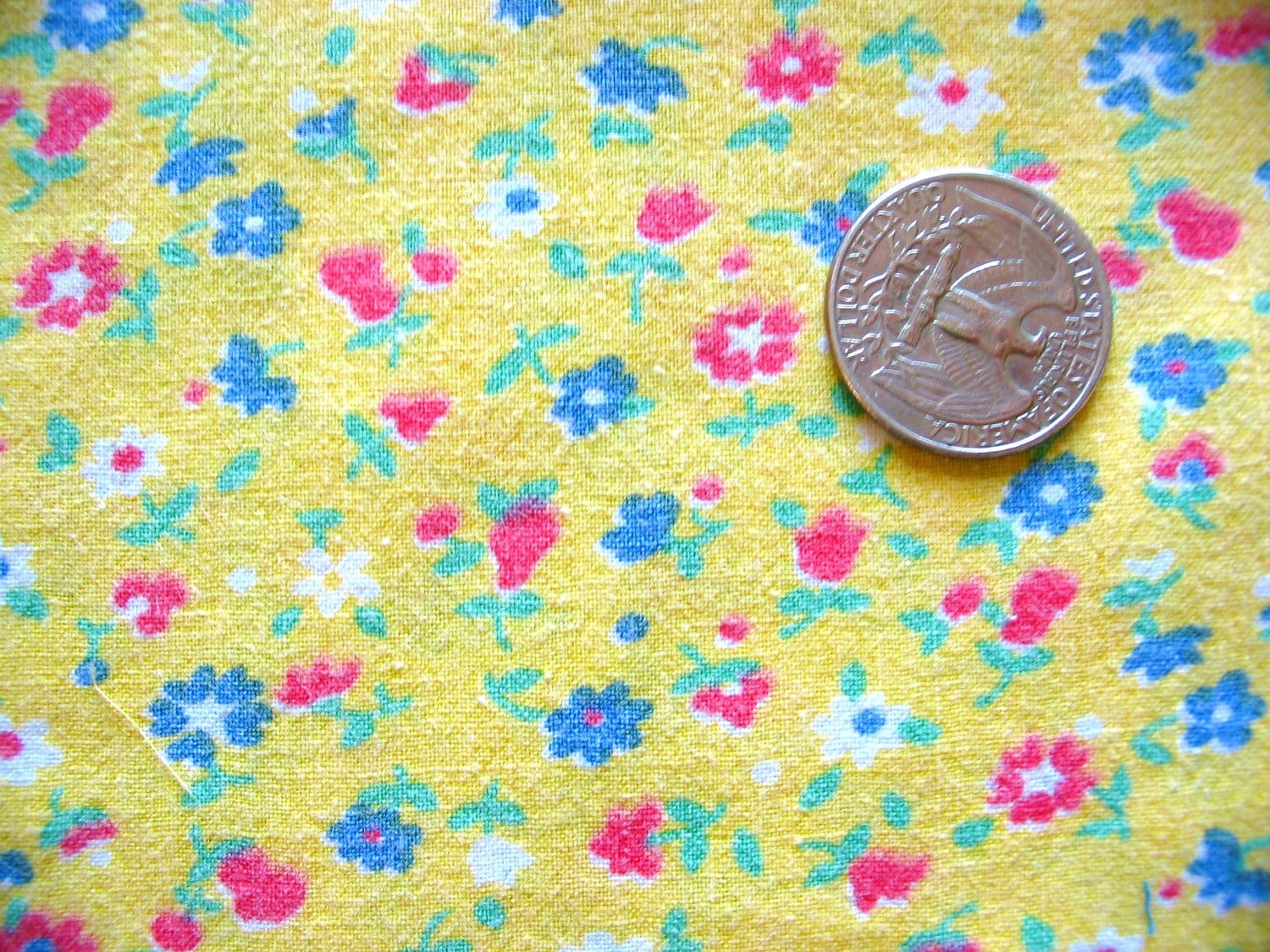 red, blue and white on yellow floral/fruit print vintage cotton fabric pieces