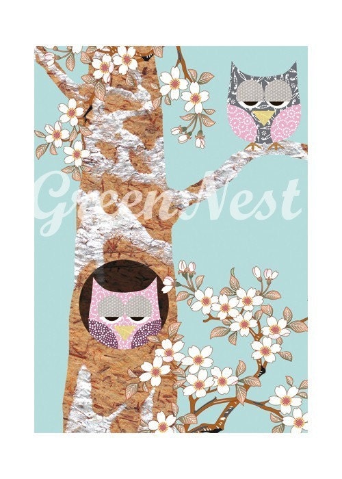 Cherry Blossoms and pink Owl Collage Art Print