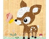 Cute forest friends -  Deery and Butterfly  collage poster  print on wooden background, nursery art