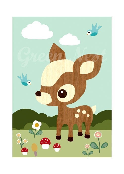 Cute Vintage wooden Deery, Bluebird, Mushrooms, Flowers Collage Poster Print