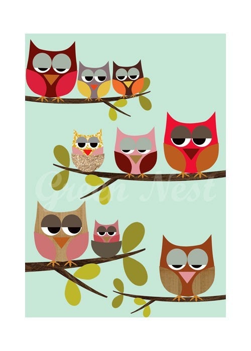 Cute Owls sitting on a branch collage poster print