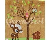 NEW A3 Size: Cute forest friends - Owl, Squirrel, Deery, Bee and Little Treehouse collage poster print