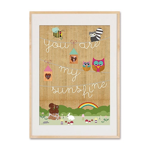 You are my sunshine - nursery print on wood with cute animals kids art, kids room decor