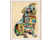 Cute Pug Puppy Poster Print on wooden background, Wall Art, Decoration, retro, vintage paper