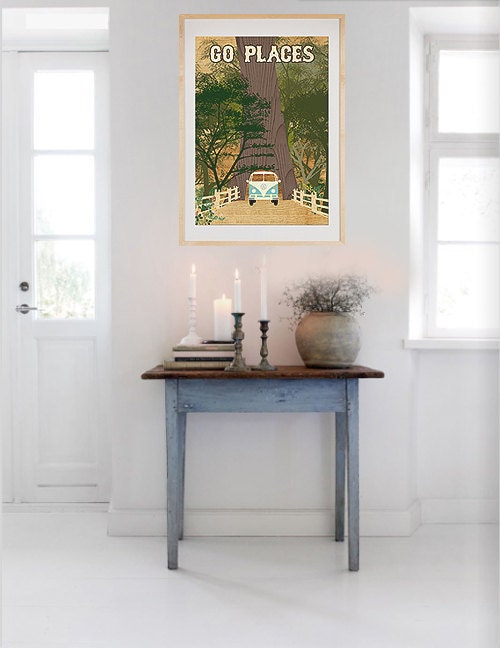 Vintage Volkswagen Camper Bus Collage Poster Print, Redwoods, Go Places, Chandelier