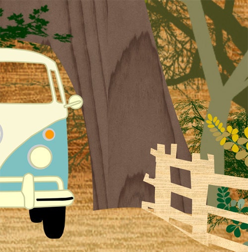 Vintage Volkswagen Camper Bus Collage Poster Print, Redwoods, Go Places, Chandelier