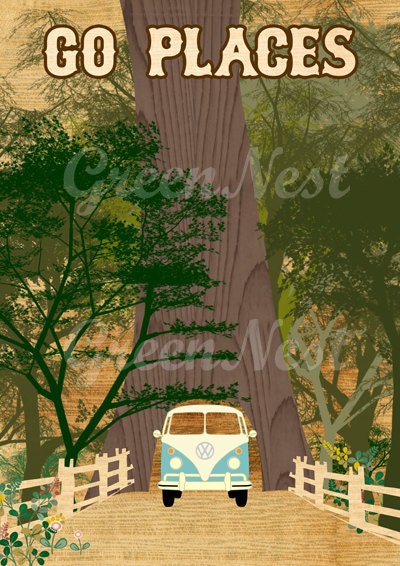 Vintage Volkswagen Camper Bus Collage Poster Print, Redwoods, Go Places, Chandelier