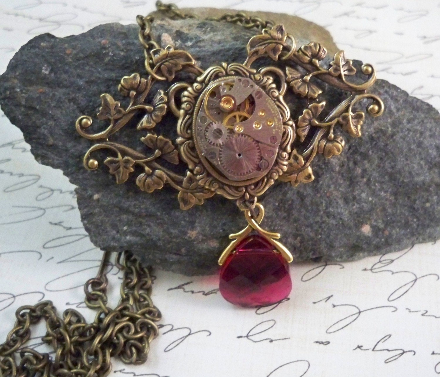 Steampunk  Victorian Vines Necklace with Fuschia Crystal Briolette