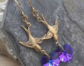 Sparkly Purple/Blue Heart and Sparrow Earrings