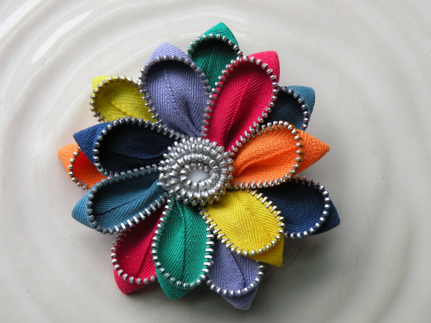 Rainbow Vintage Zipper Flower Brooch or Hair Clip