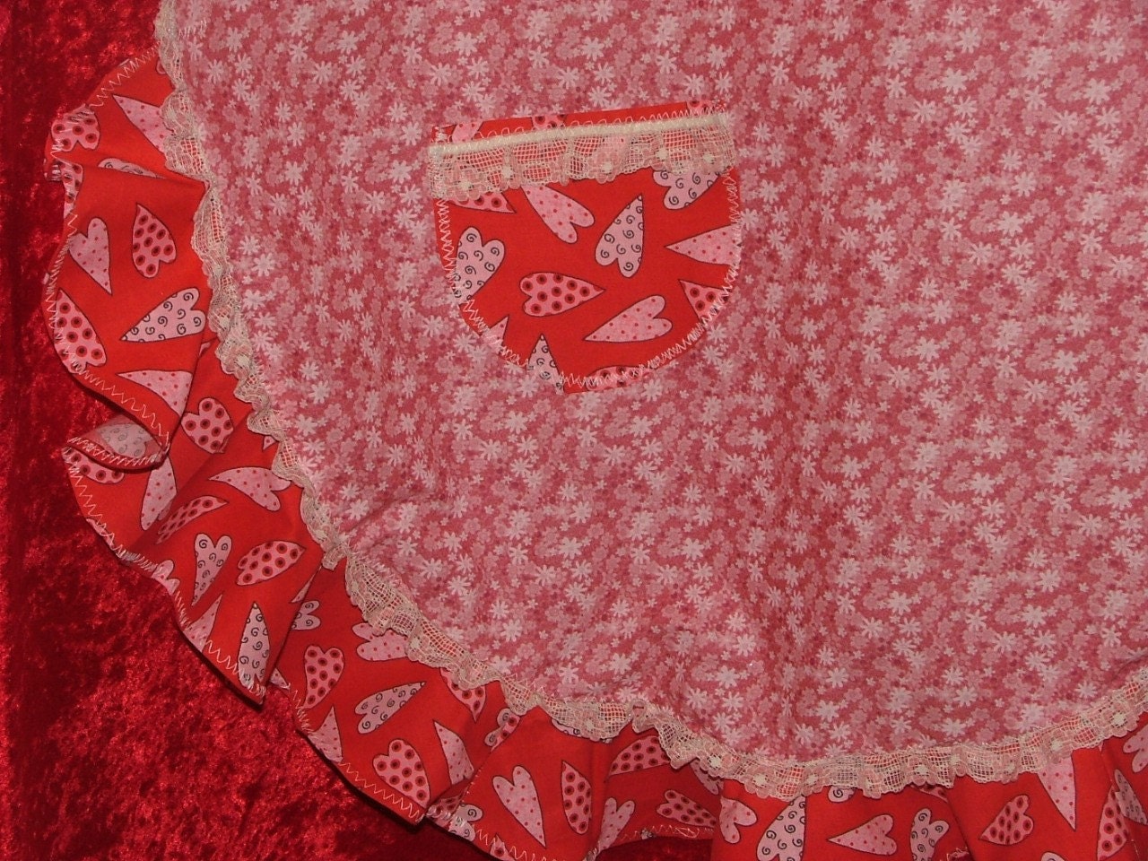 APRON Pink Hearts and Flowers LACEY FULL Length Flouncy Ruffled