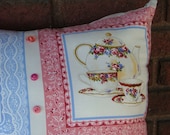 Afternoon  Tea  OVERSTUFFED  PILLOW   With Vintage  BUTTONS