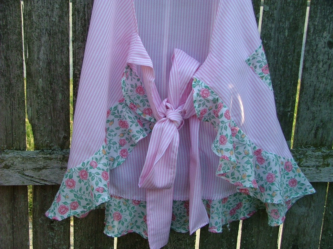 Pink Candy stripe and CABBAGE ROSES APRON  Full Length Flouncy Ruffled