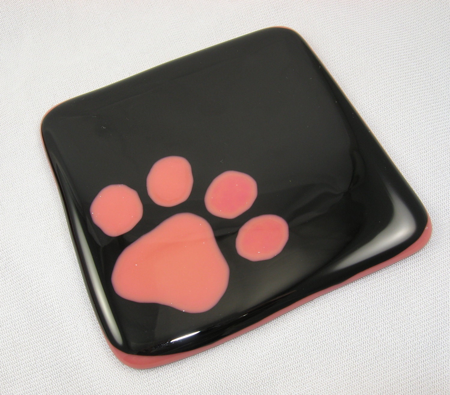 Deep Jet Black Coasters with Salmon Pink Paw Print Fused Glass Set of Four
