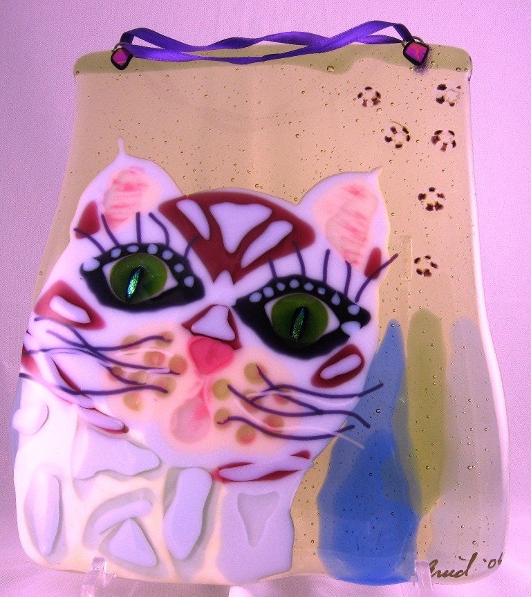 SALE  Fused Glass Lavender Tabby Kitty  Originally 60
