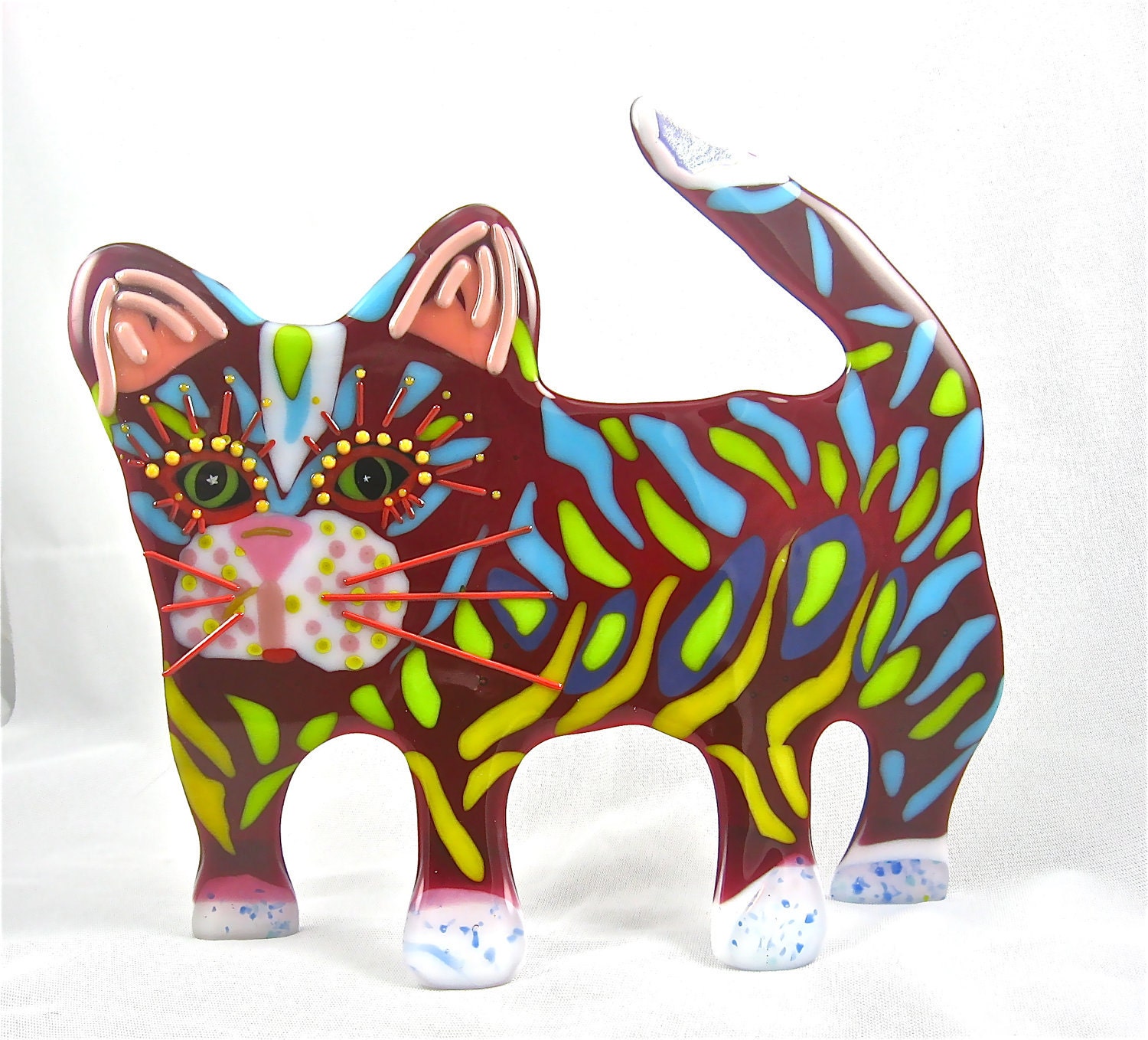 Standing Whimsical Rainbow Striped Fused Glass Cat