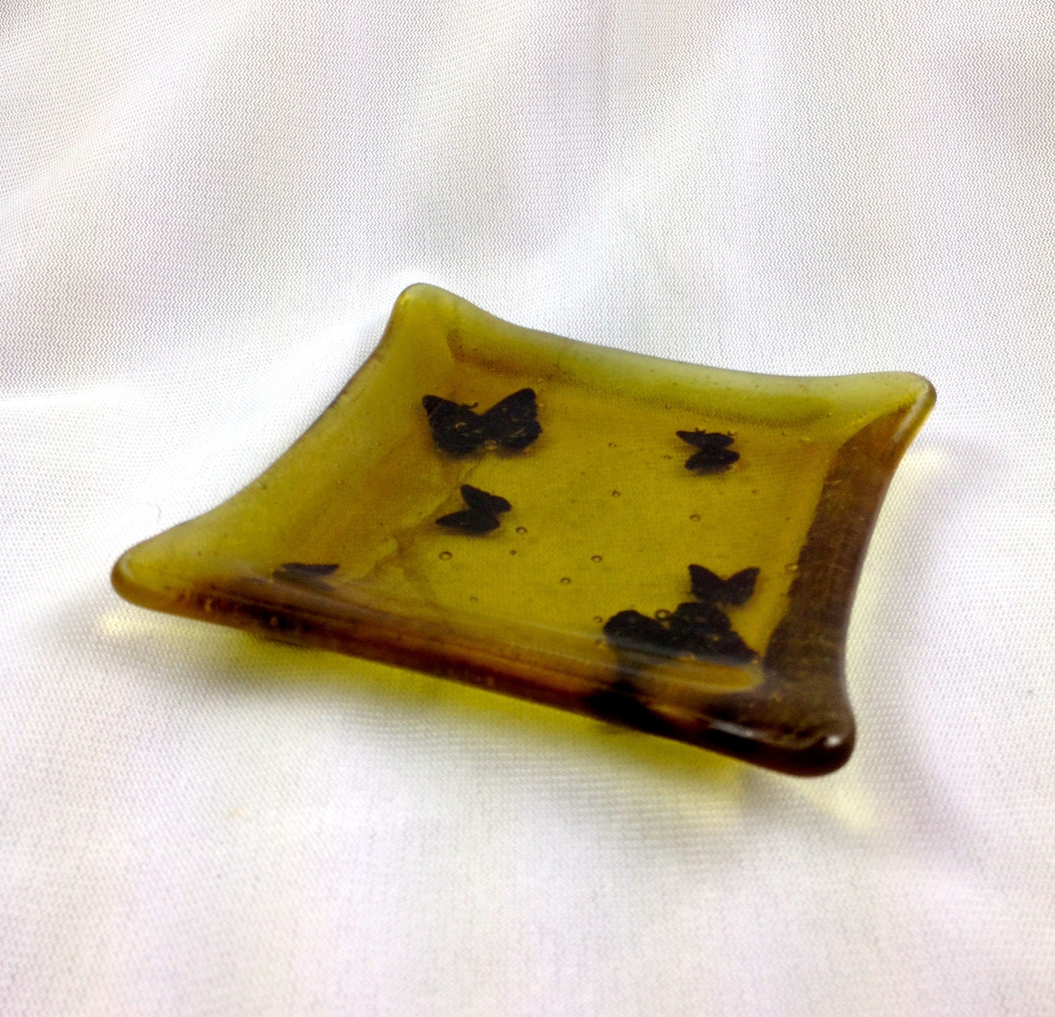 Rhubarb Chartreuse butterfly fused glass dishe
