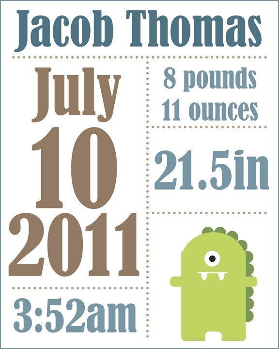 Custom Birth Print - Monster 8x10 Art Print