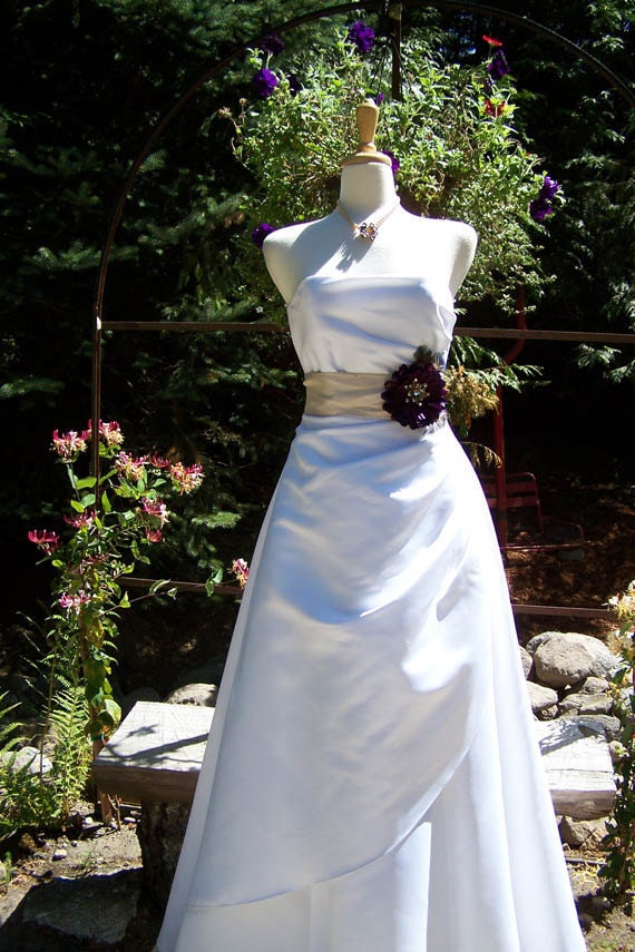 Champagne Silk Shantung Bridal Sash with Demi Peacock Feathers- Antique Brooch Flower Pin-CRBoggs Original