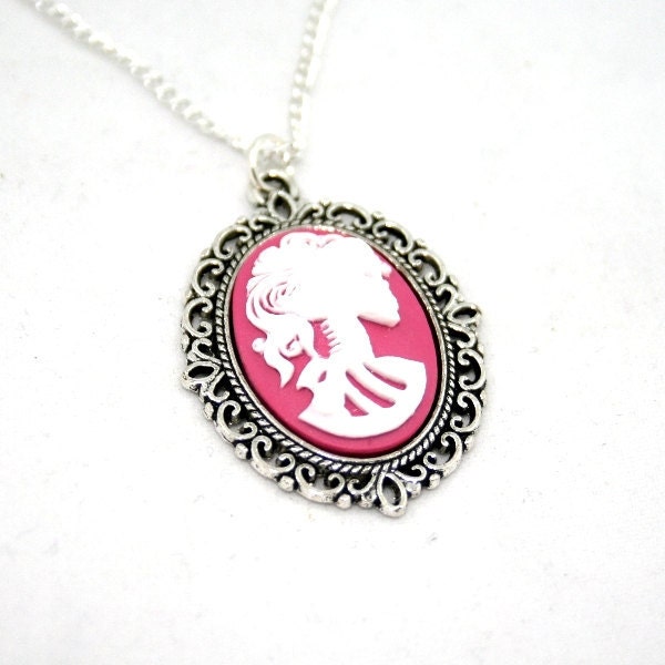 SALE - Bride Skeleton Cameo Necklace Lolita White on Pink
