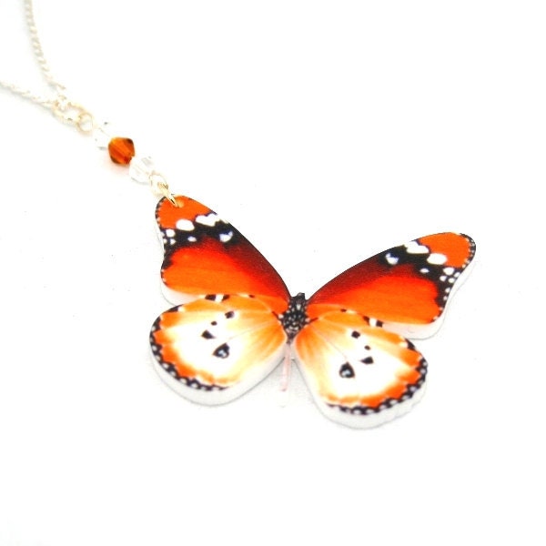 Orange Butterfly Necklace, Acrylic Pendant, Butterfly Illustration