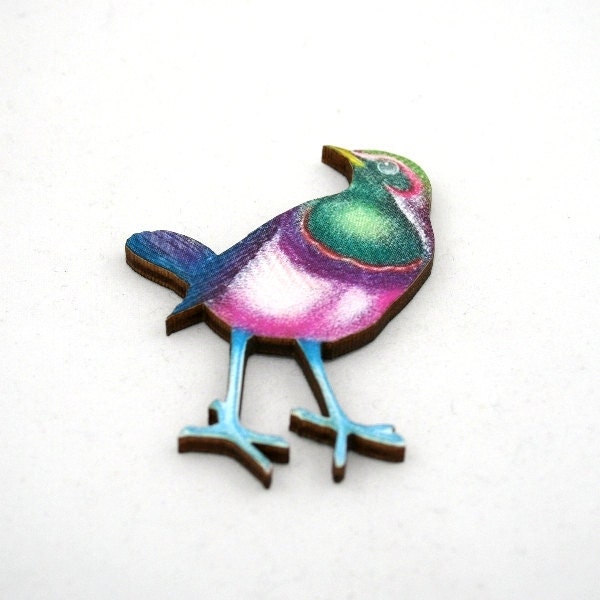 Green Bird Brooch, Pink Bird Brooch, Wooden Bird Brooch, Bird Illustration, Animal Brooch