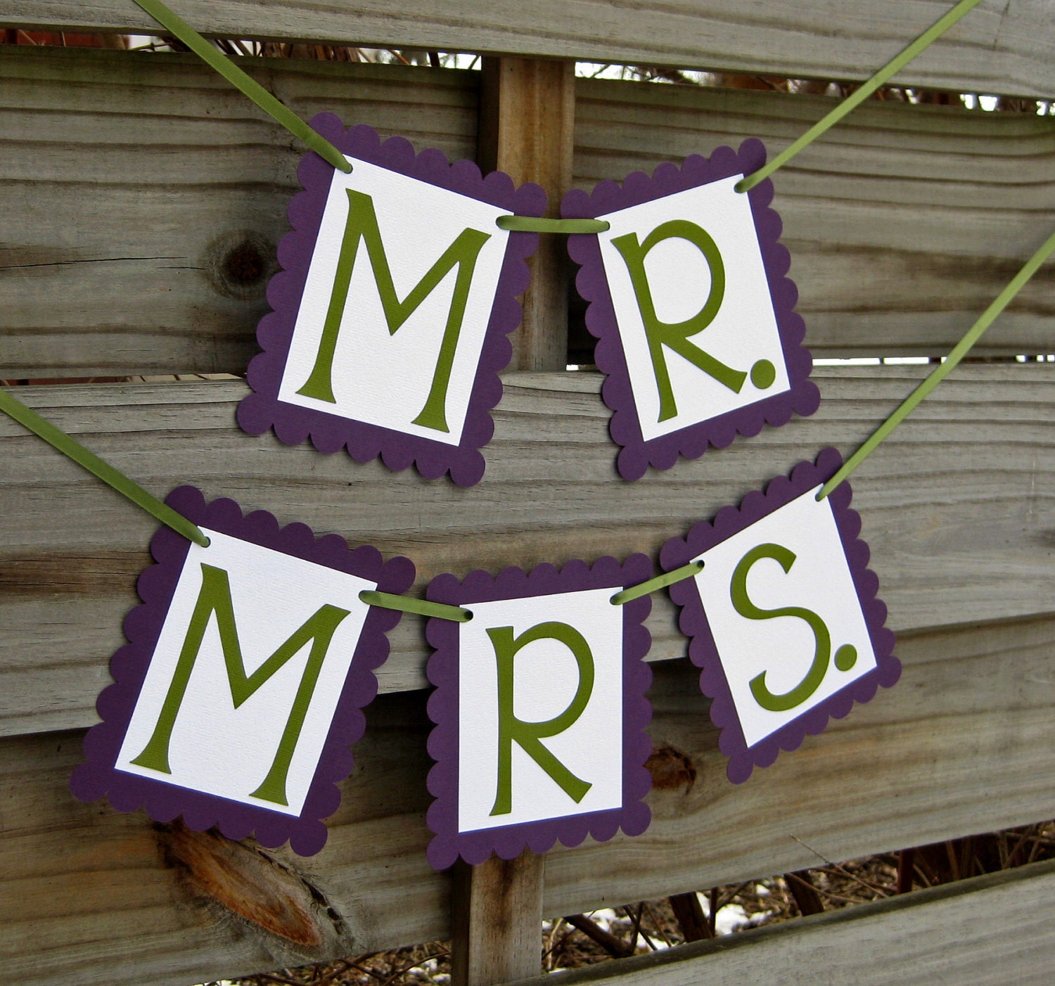 Wedding Chair Signs - Mr. and Mrs. in Eggplant and Fern