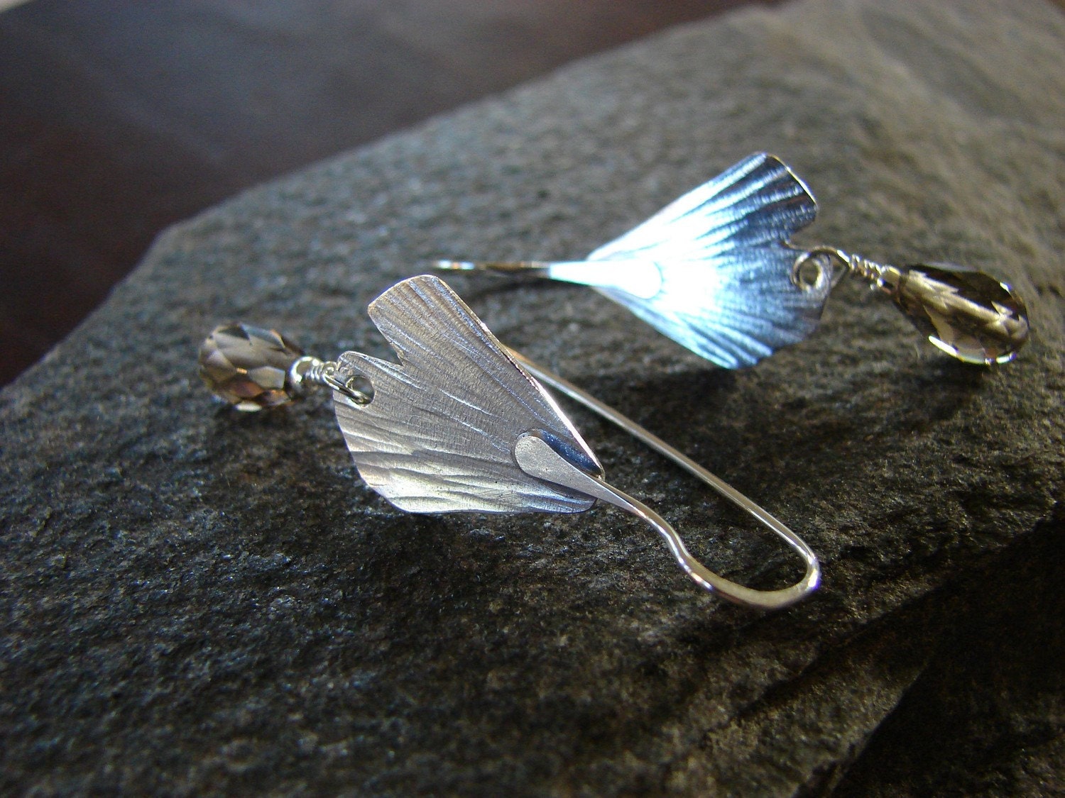 Flora. GInkgo Leaf Earrings in Sterling Silver with Smoky Quartz Teardrops