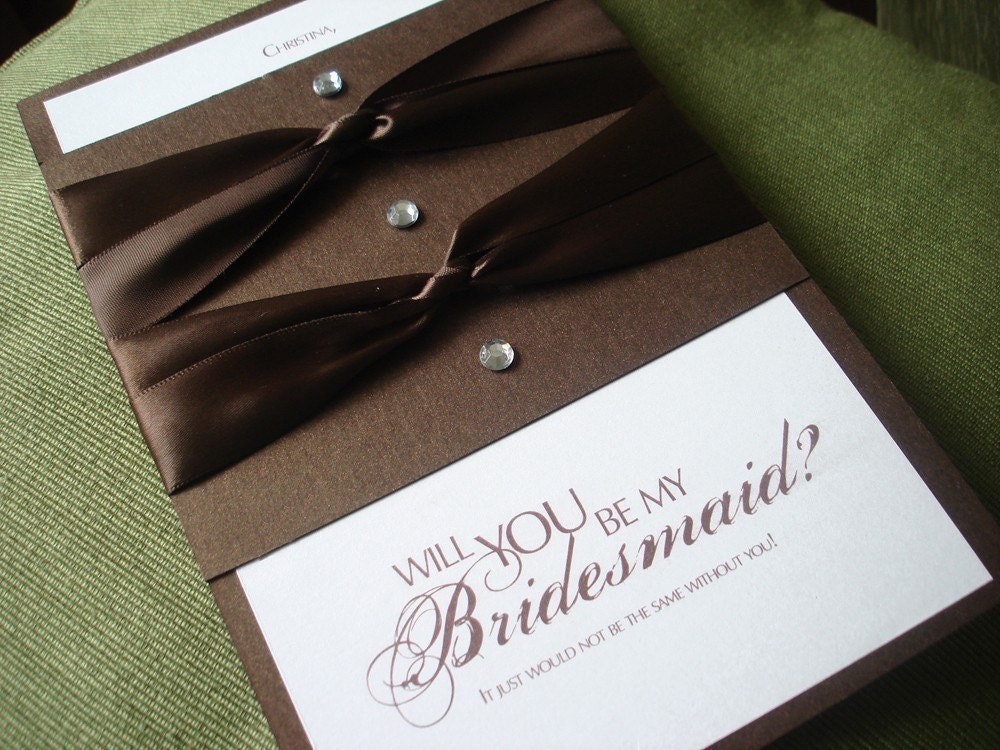 2 Personalized Will you be my bridesmaid cards - Brown Satin and Gemstone