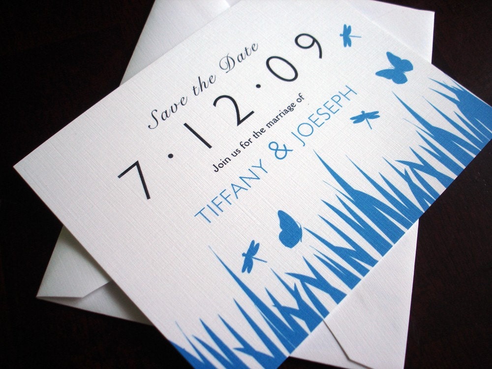 Wedding Save the Date Card- Linen Blue Dragonfly Butterfly Wedding and bridal Invitation set available