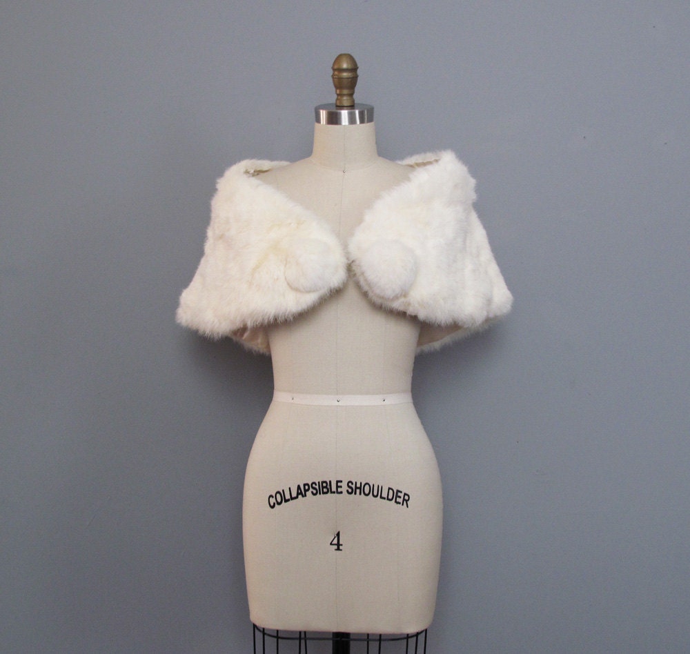 vintage white RABBIT FUR pom pom stole