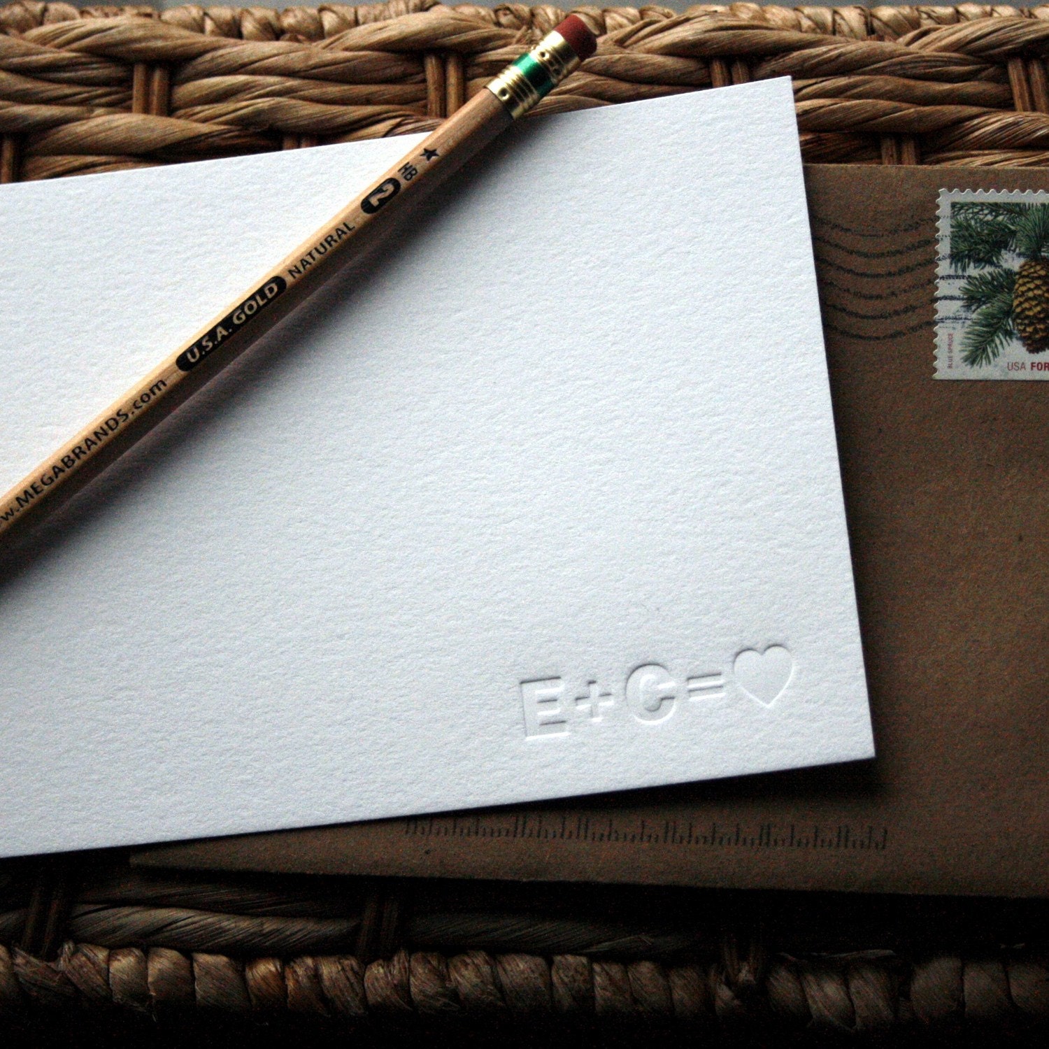Letterpress Blind Impression Love Stationery Set with Printing Block - 100 qty Notecards & Envelopes