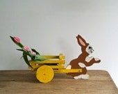 Vintage Painted Wooden Rabbit and Cart, Vintage Wood Rabbit Planter, Easter Decoration, Folk Art,