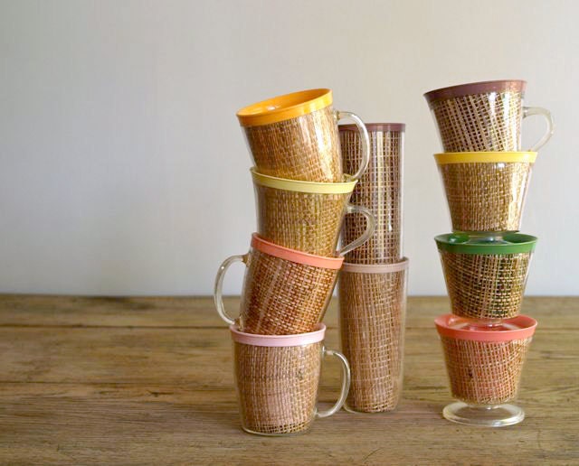 Vintage Collection of Raffia Beverage Cups, 1960s-70s Summer Raffia Drinking Cups, Retro, Tiki Bar, Beach ware, Patio Party