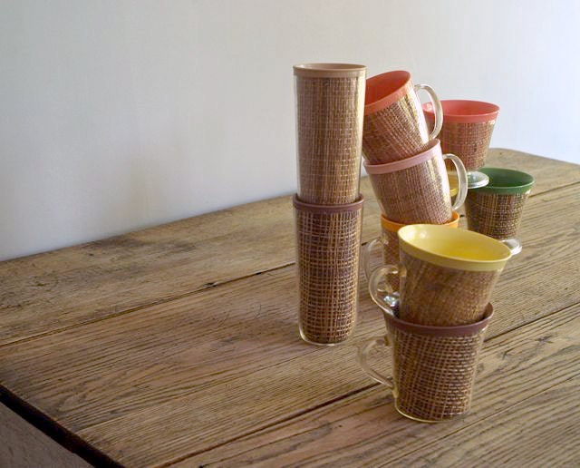 Vintage Collection of Raffia Beverage Cups, 1960s-70s Summer Raffia Drinking Cups, Retro, Tiki Bar, Beach ware, Patio Party