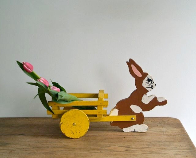 Vintage Painted Wooden Rabbit and Cart, Vintage Wood Rabbit Planter, Easter Decoration, Folk Art,