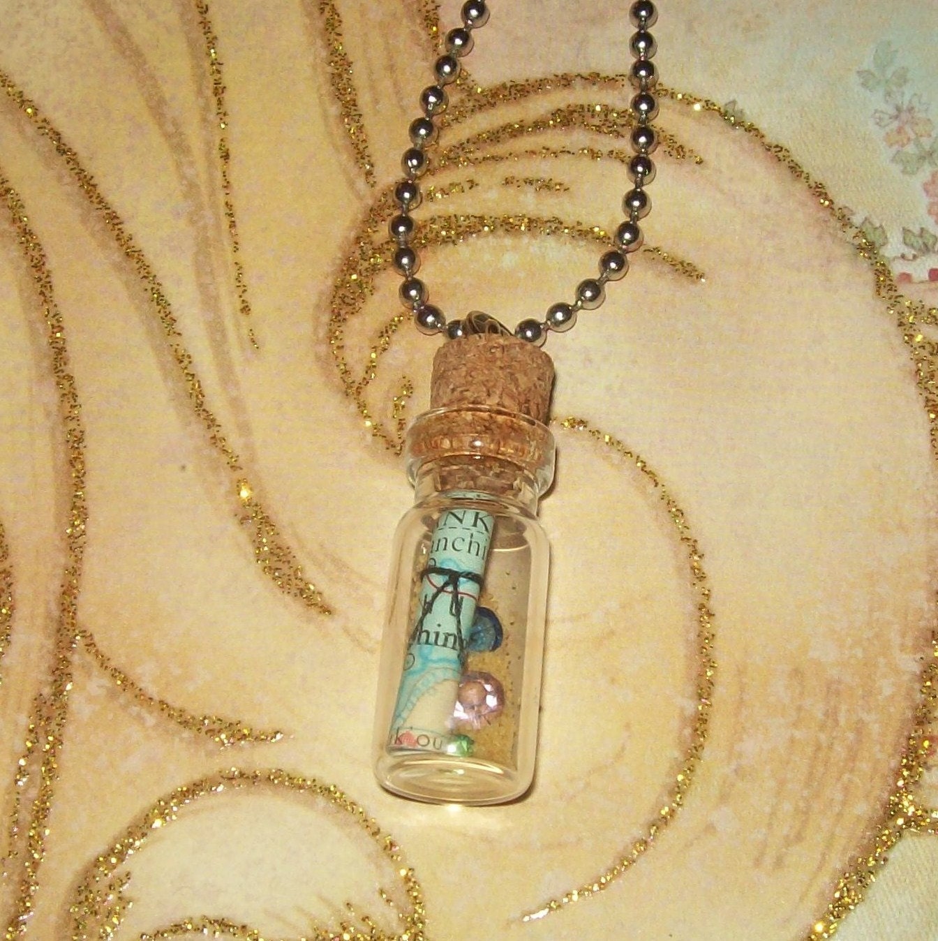 Miniature Glass Bottle Necklace / Map and Treasure /No. 77