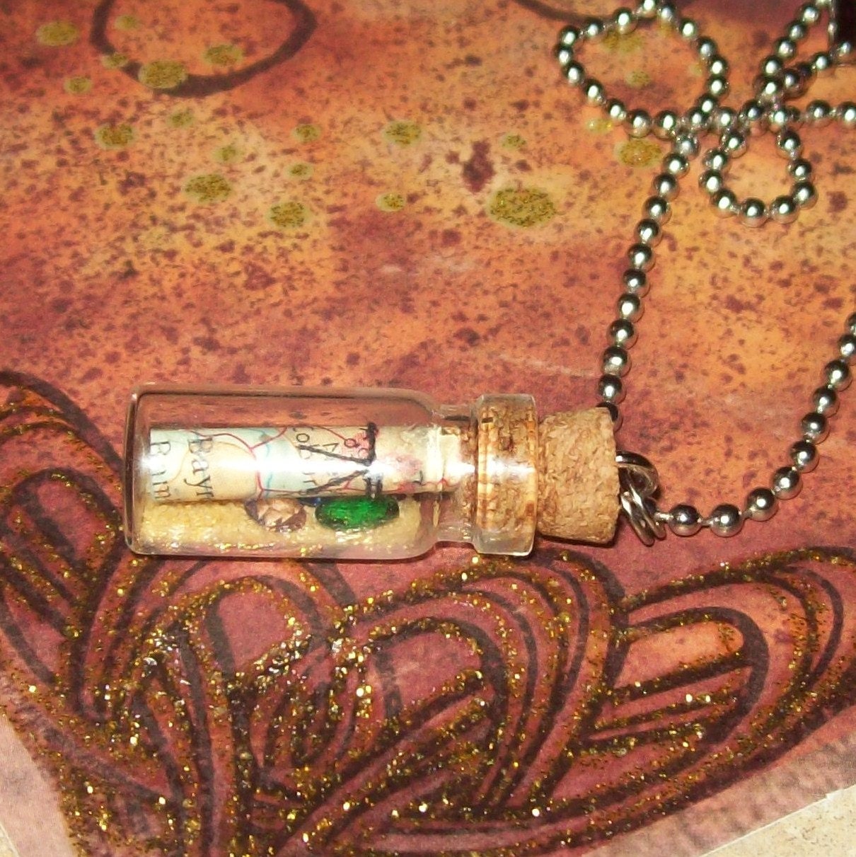 Miniature Glass Bottle Necklace / Map and Treasure /No. 81