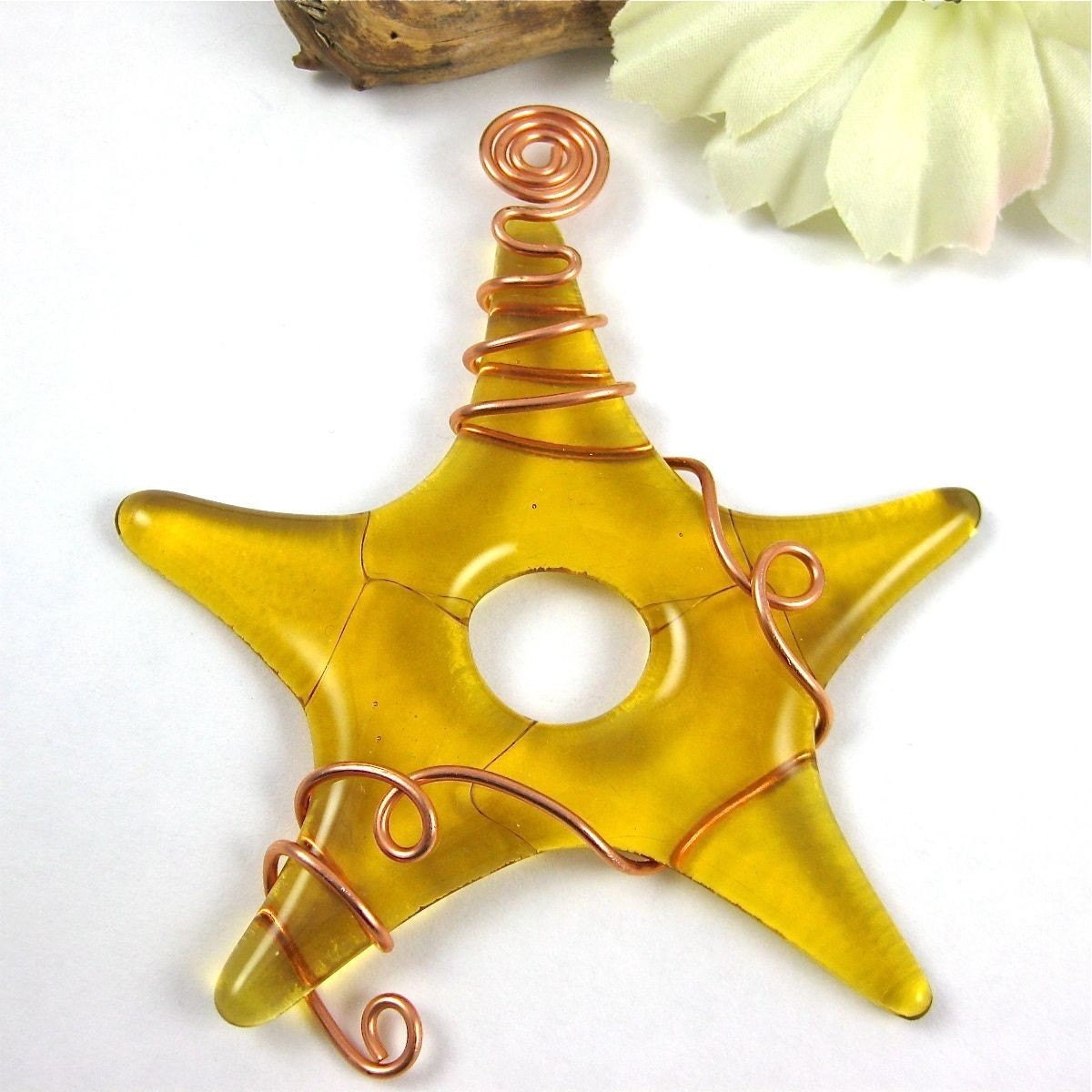 Fused Glass Star Ornament Golden Amber with copper wire - dpholkdesigns