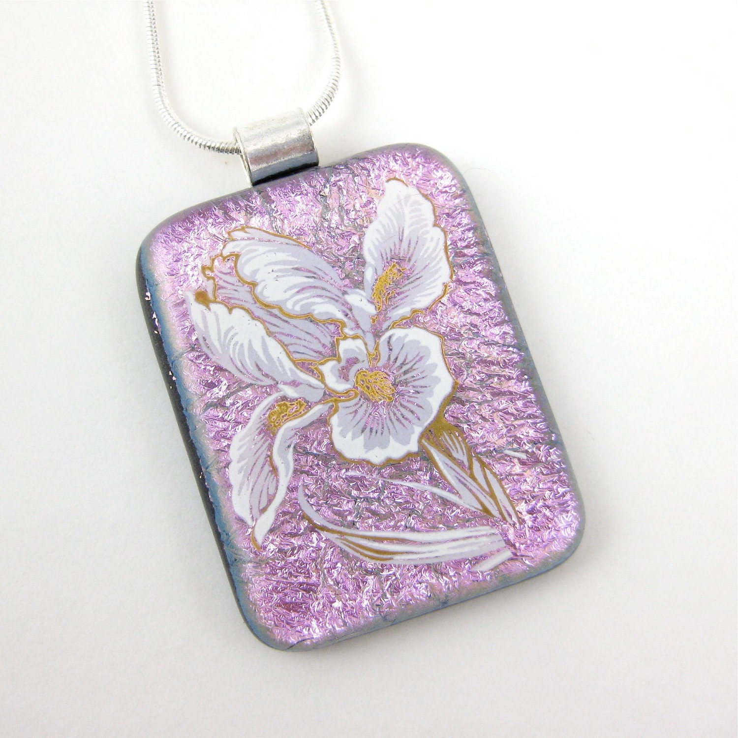 Pink Fused Glass Necklace Dichroic Glass with Flowers