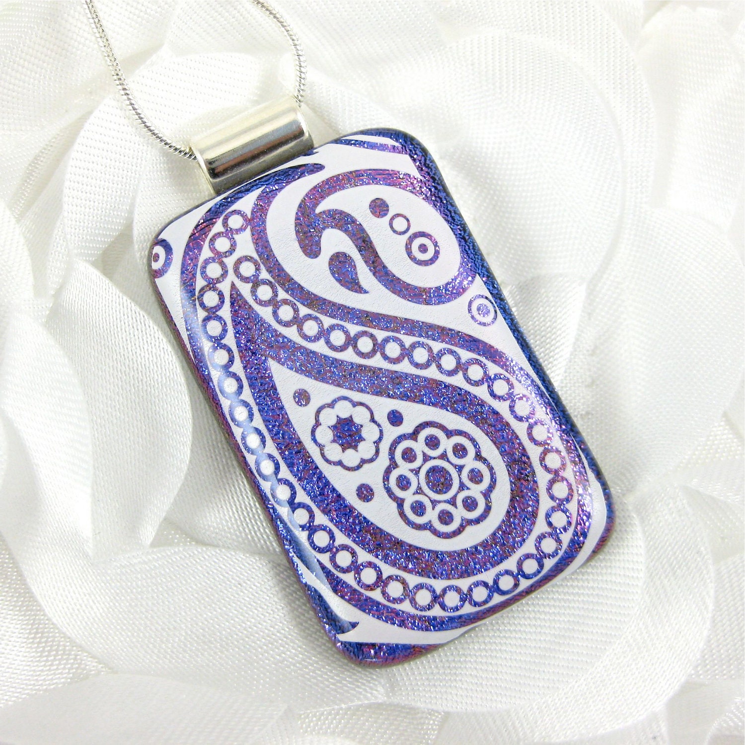 Purple and White Paisley Dichroic Glass Pendant