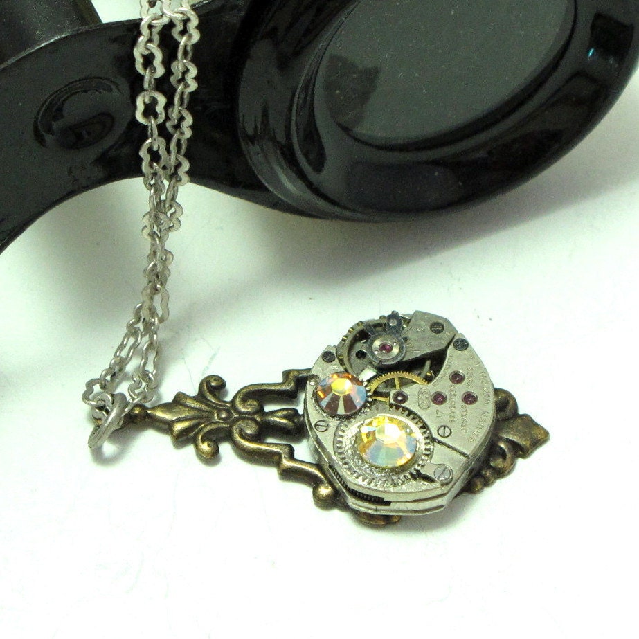 Enchanting Steampunk Necklace 17 Jewels Vintage Watch Movement Swarovski Neo Victorian By Mystic Pieces