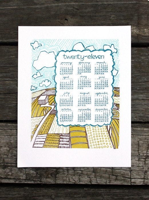 2011 Letterpress Calendar Farm Illustration FREE SHIPPING