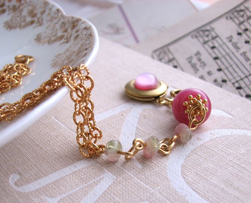 Honeysuckle Pink bracelet  with Lampwork and Czech  glass vintage locket